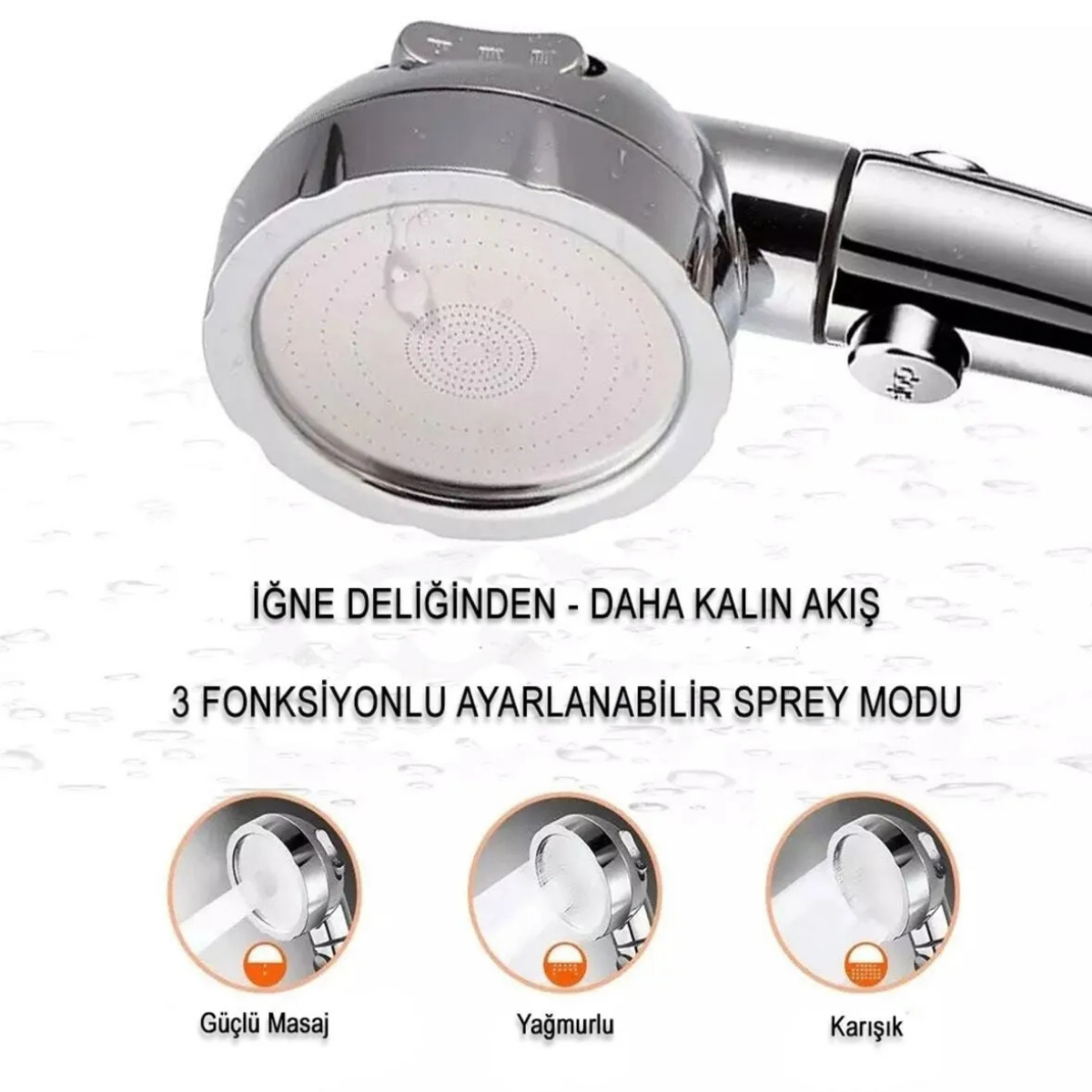 Su Tasarruflu 3 Fonksiyonlu Aç/kapa Butonlu Hortum Mafsal Duş Başlığı Set