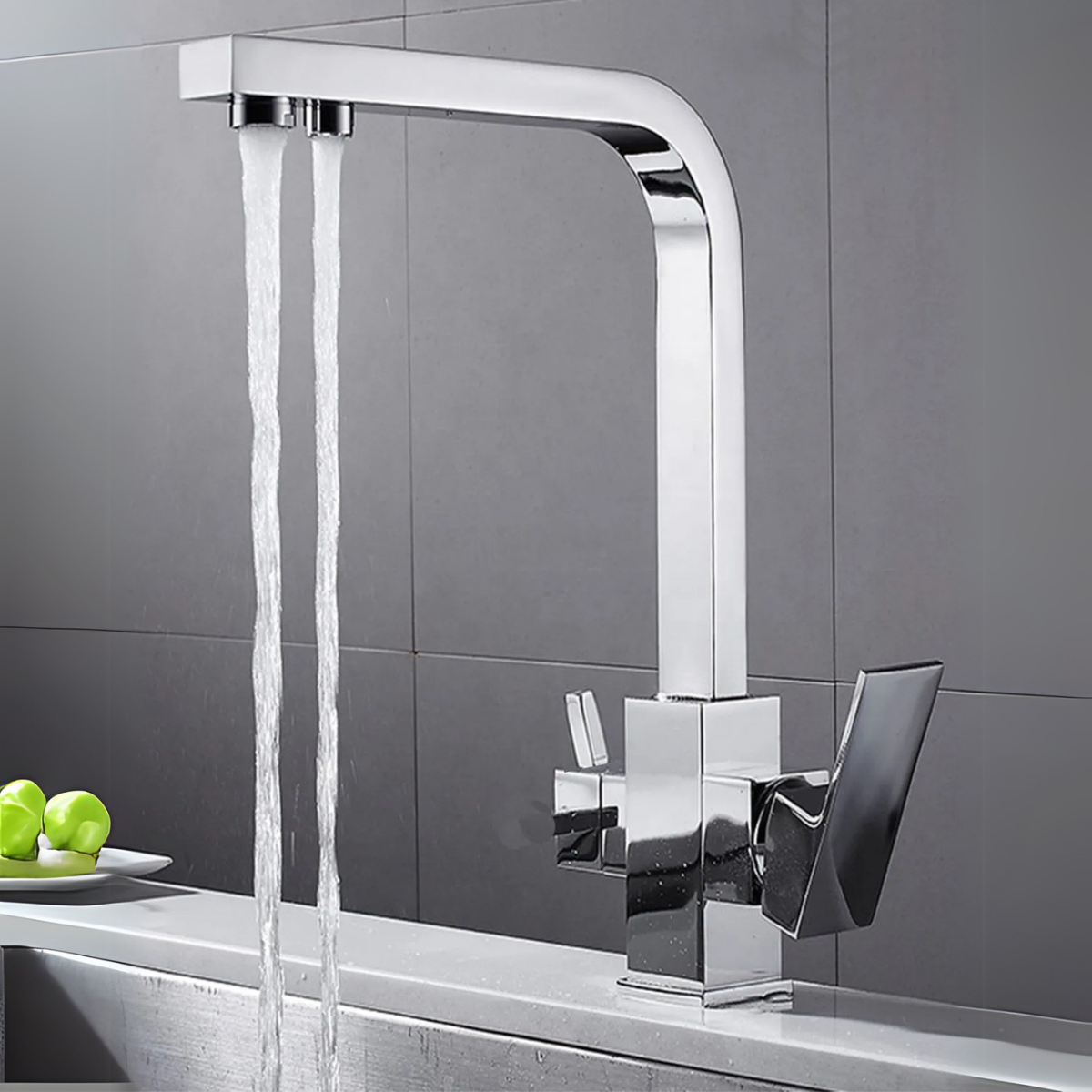 Kare Lüx 3 Yollu Arıtma Çıkışlı Mix Aç Kapa Mutfak Eviye Bataryası