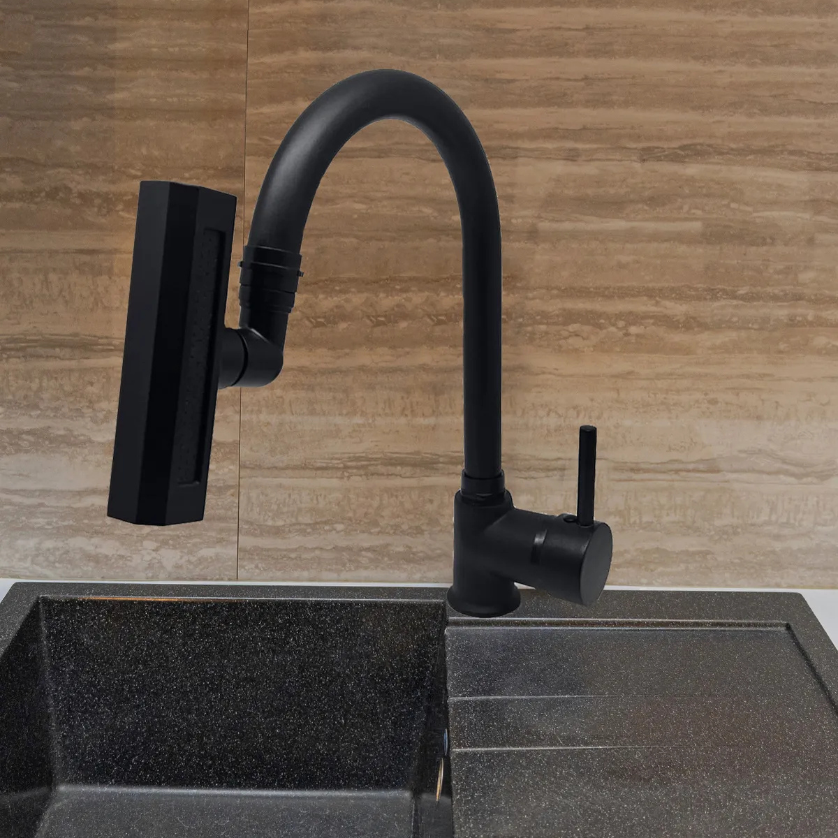 Şelale Siyah 4 Fonksiyonlu Oynar Başlıklı Mutfak Eviye Bataryası