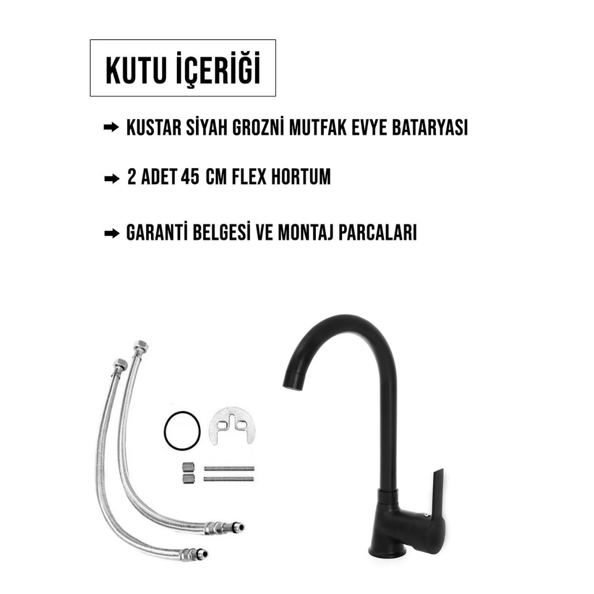 Grozni Komple Siyah Mutfak Evye Bataryası Delta Borulu Aç Kapa