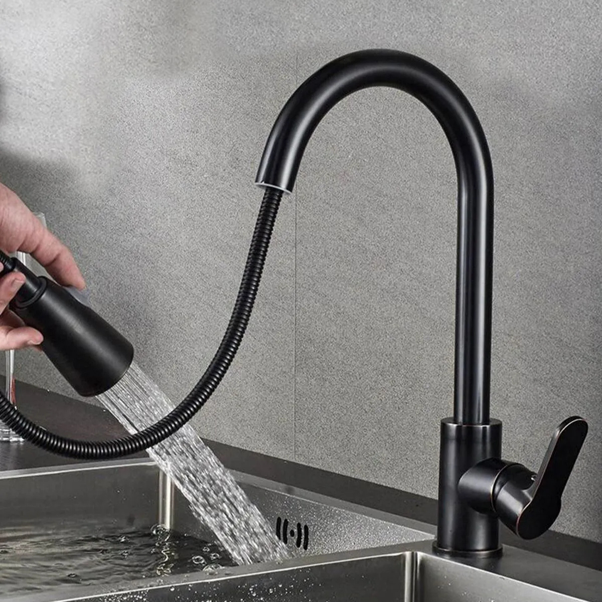Baston Flex Hortumlu Fonksiyonlu Uzatmalı Mutfak Eviye Bataryası Spiralli Aç Kapa Siyah Döner Borulu