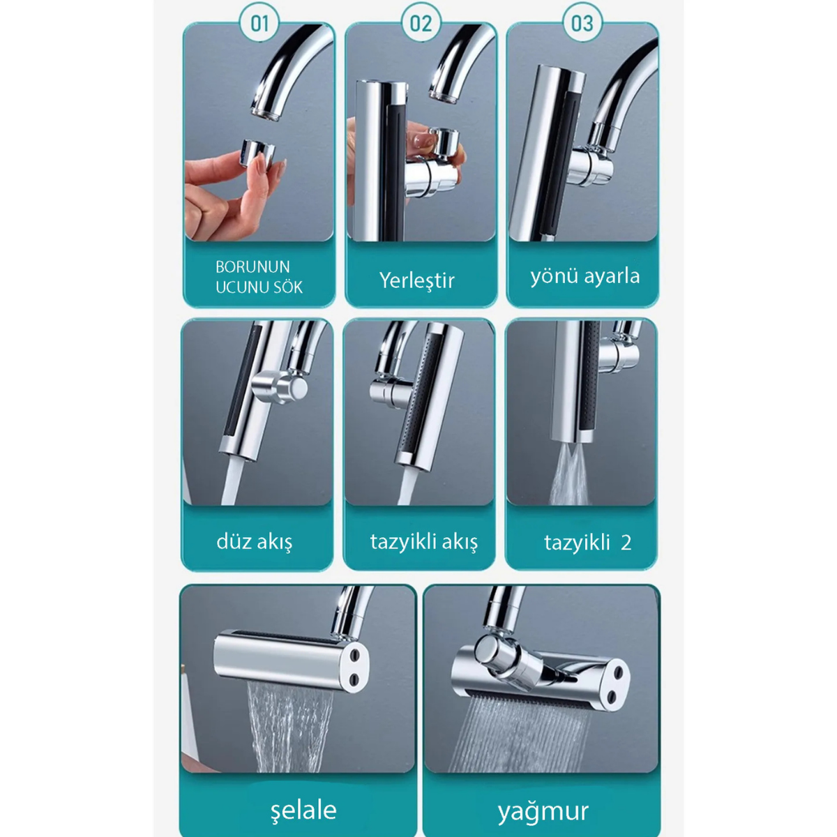 Füme Tasarruflu 4 Modlu Şelale Ayarlanabilir Musluk Başlığı Mutfak Eviye Bataryası Lavabo Bataryası