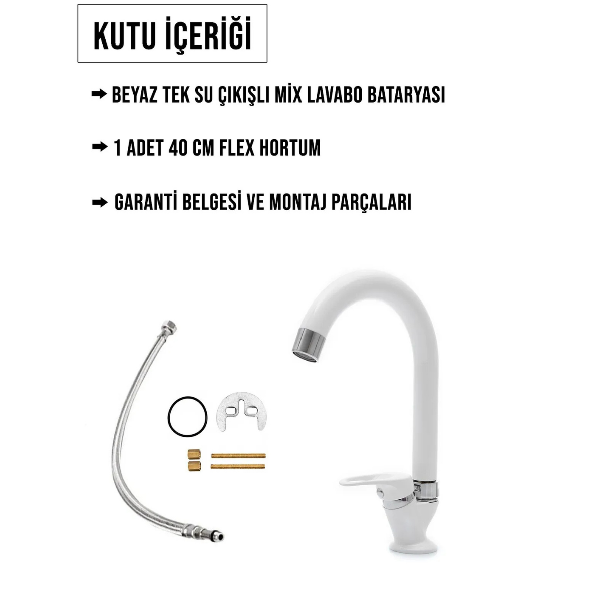 Beyaz Tek Su Çıkışlı Mermerden Mix Lavabo Bataryası Aç Kapa Kollu Garantili