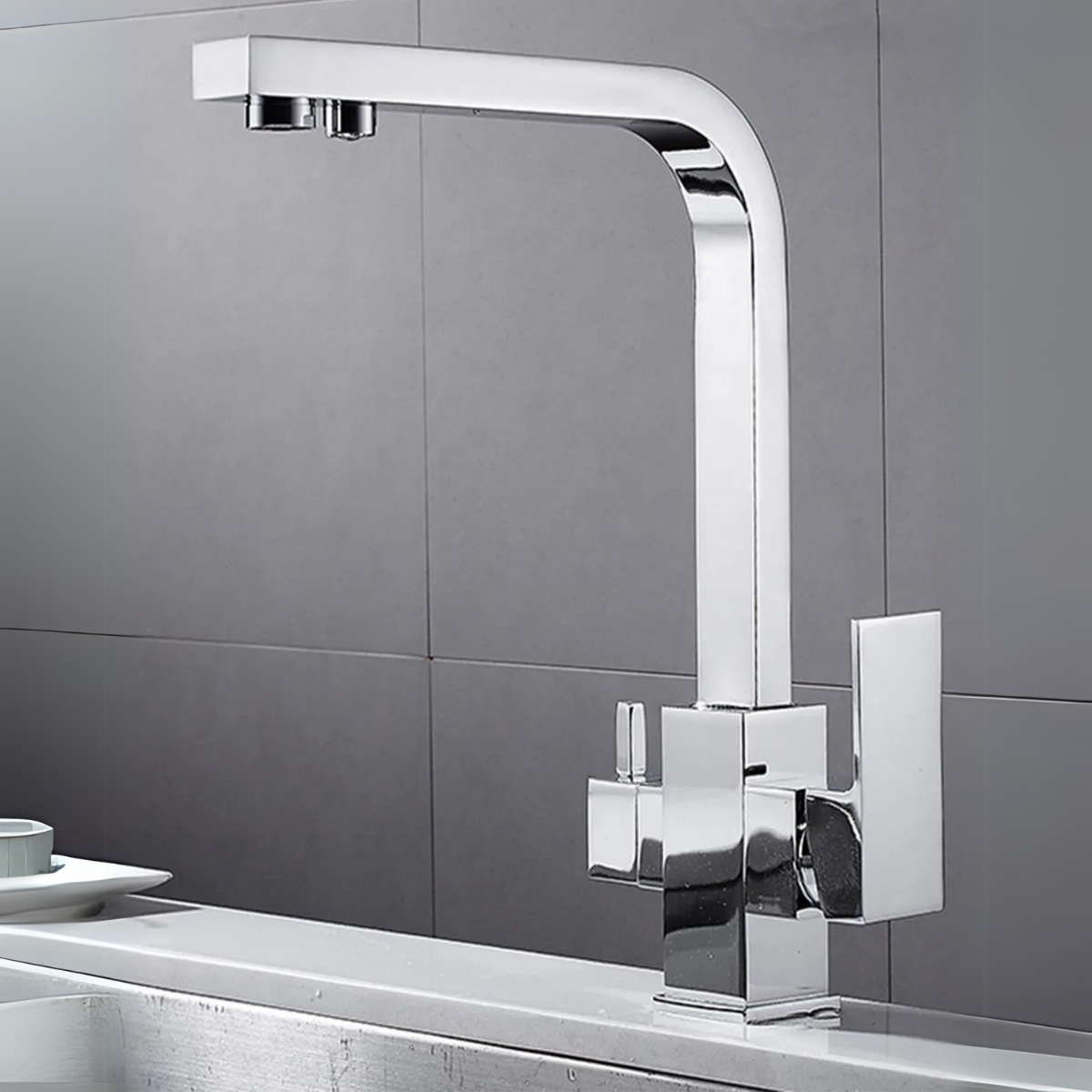 Kare Lüx 3 Yollu Arıtma Çıkışlı Mix Aç Kapa Mutfak Eviye Bataryası