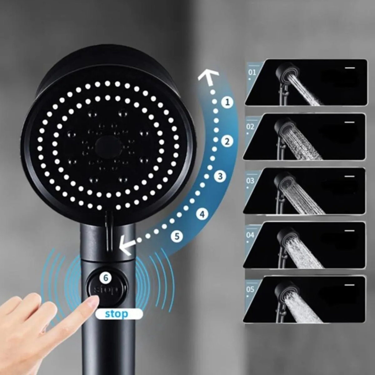 3'lü Set Siyah 5 Fonksiyonlu Turbo Jet Pervaneli Duş Başlığı Örgülü Hortum Ve Askı